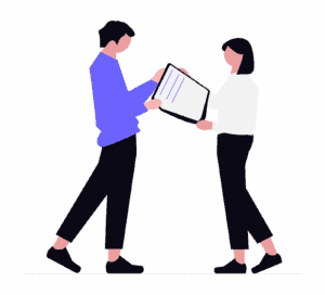 Two illustrated coworkers standing and reviewing a document together.